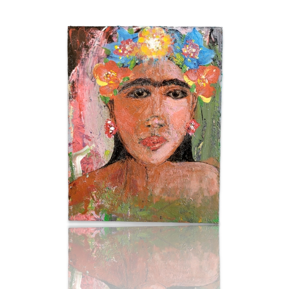 Original Frida Kahlo Inspired Acrylic Painting on Upcycled Wood Board, 8x10" - Picture 2 of 13